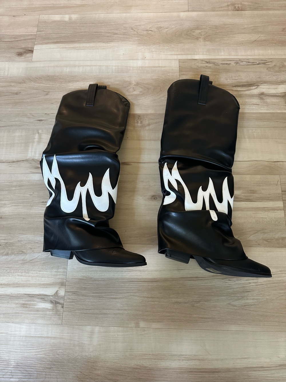 Black Boots with White Flame Accent